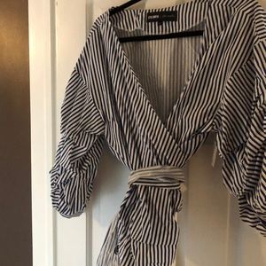 Free people navy and white striped wrap blouse